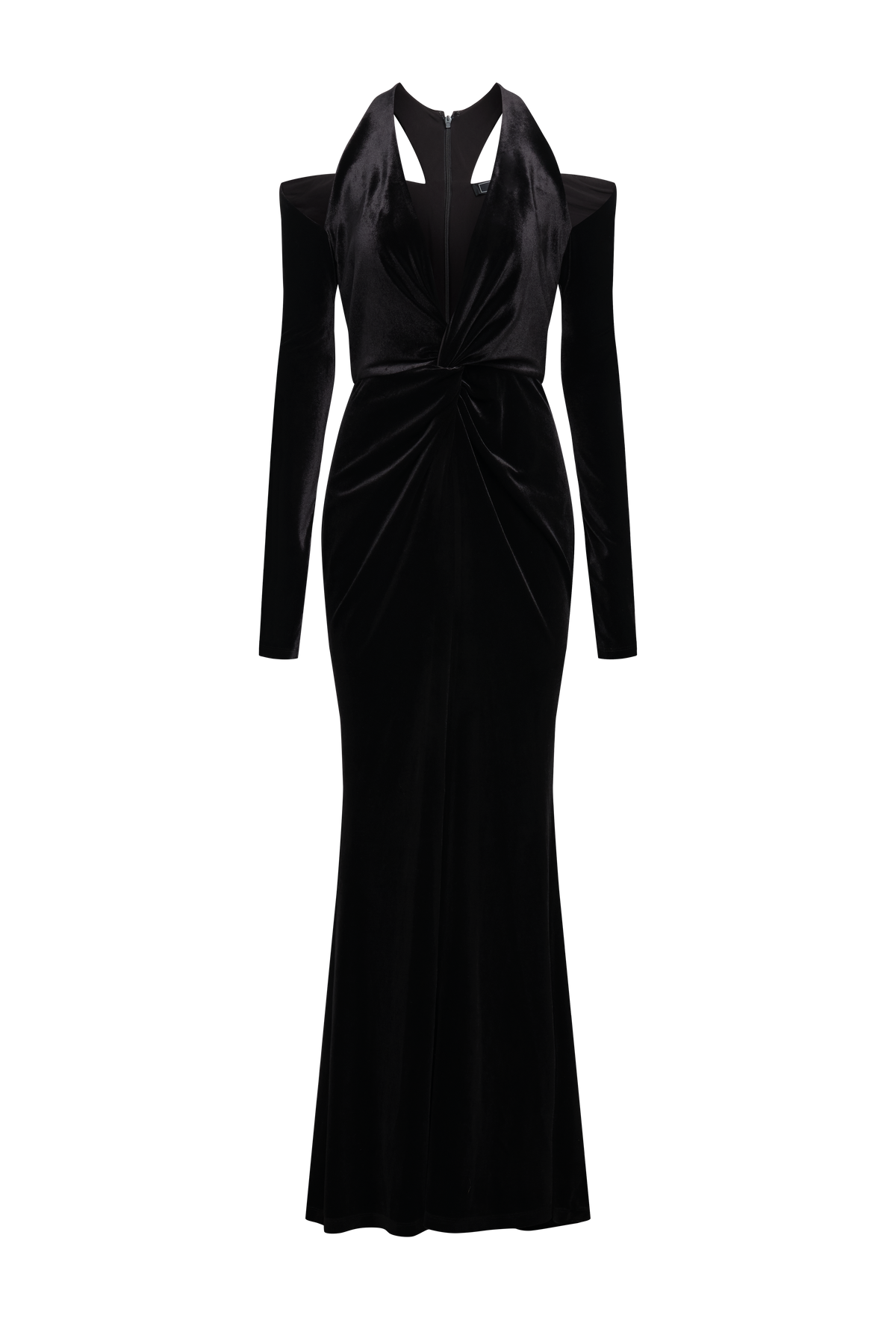 BCBGMAXAZRIA Long Sleeve Halter Velvet Gown Black