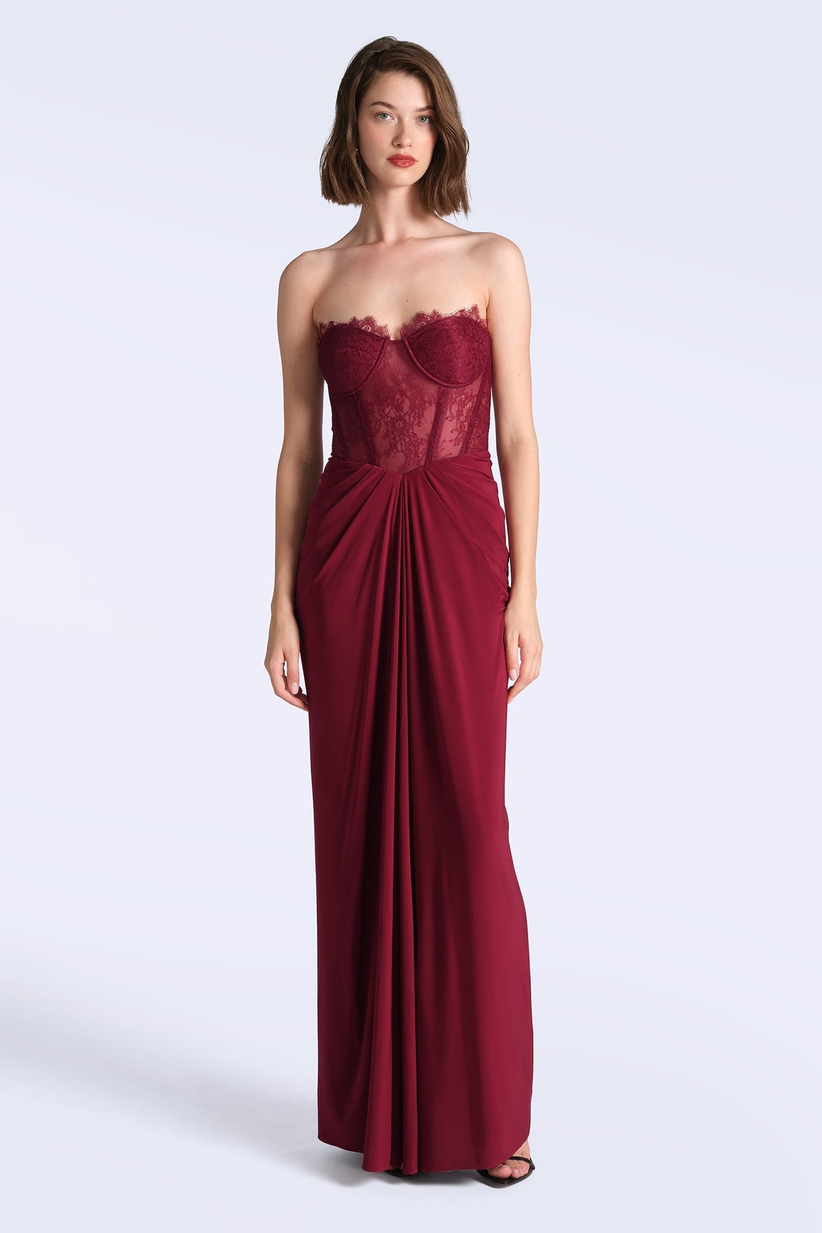 BCBGMAXAZRIA Lace & Jersey Gown Cabernet