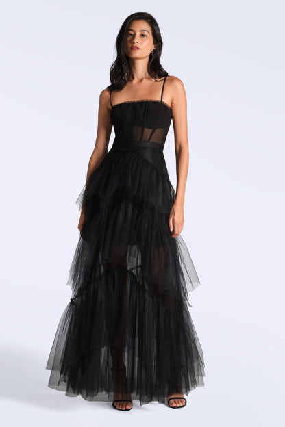 BCBGMAXAZRIA Oly Tiered Ruffle Tulle Evening Gown Black