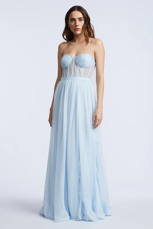 BCBGMAXAZRIA Lace Bodice Chiffon Ruffle Gown Skyway