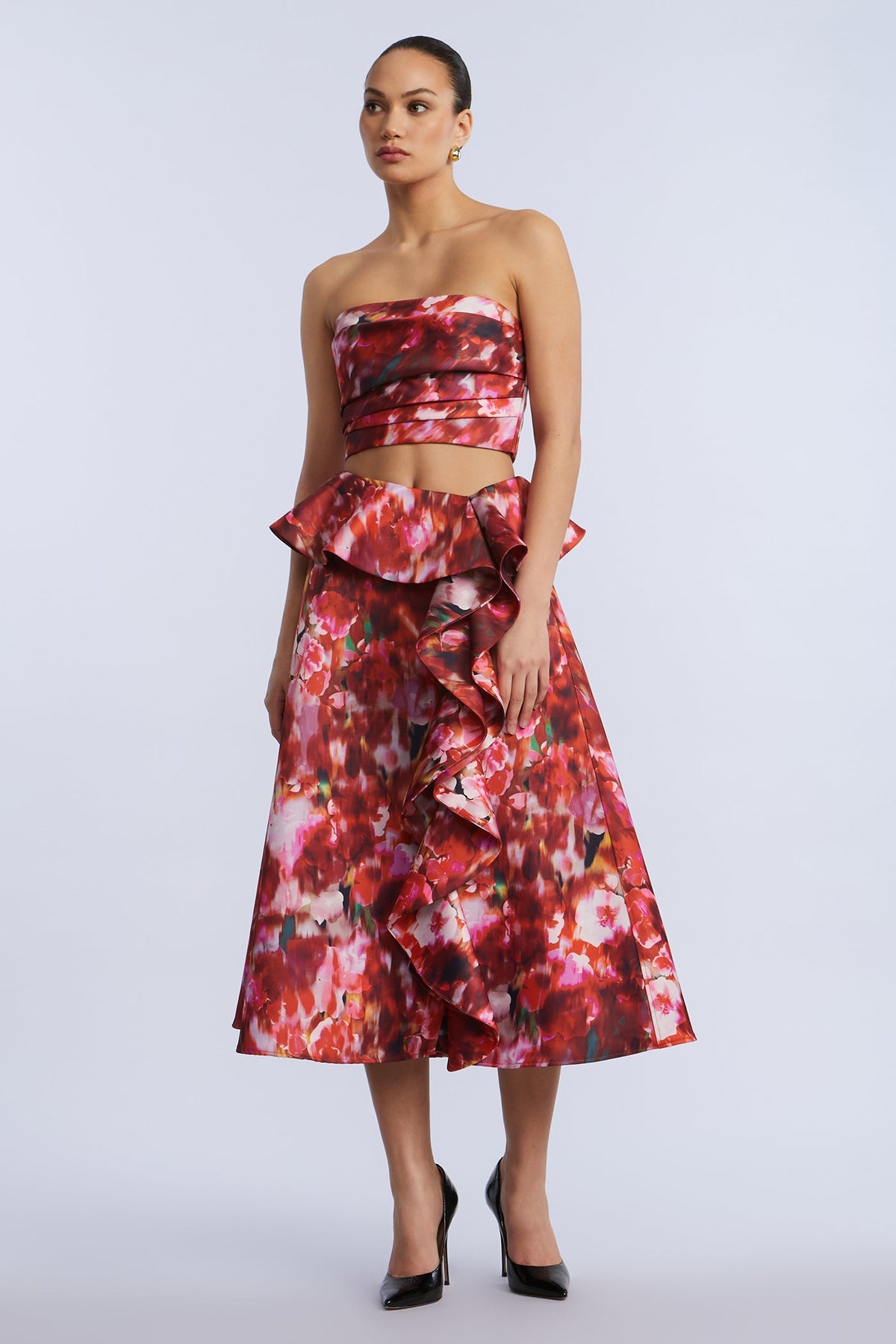 BCBGMAXAZRIA Printed Cascade Midi Skirt Washed Rose Chili Pepper Print