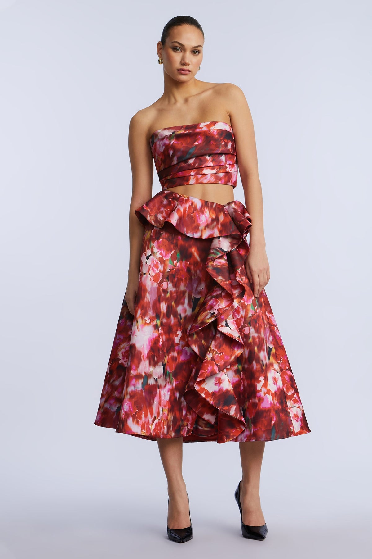 BCBGMAXAZRIA Pleated Satin Bustier Washed Rose Chili Pepper Print