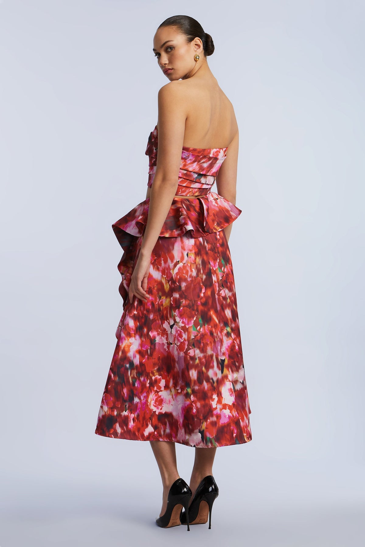 BCBGMAXAZRIA Pleated Satin Bustier Washed Rose Chili Pepper Print