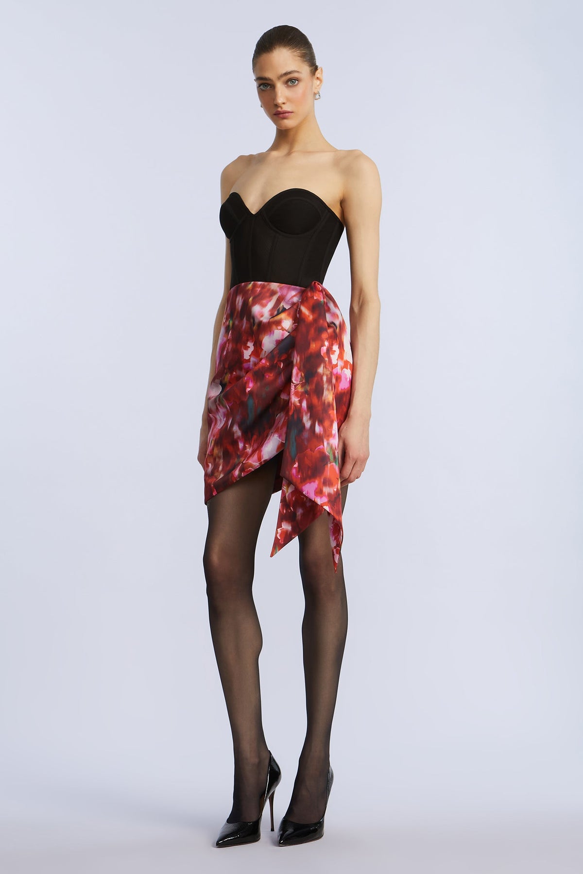 BCBGMAXAZRIA Wrap Mini Dress Black & Washed Floral Chilli