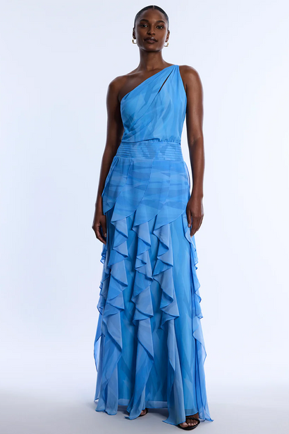 BCBGMAXAZRIA Printed One Shoulder Gown Cloud Crystal Waves