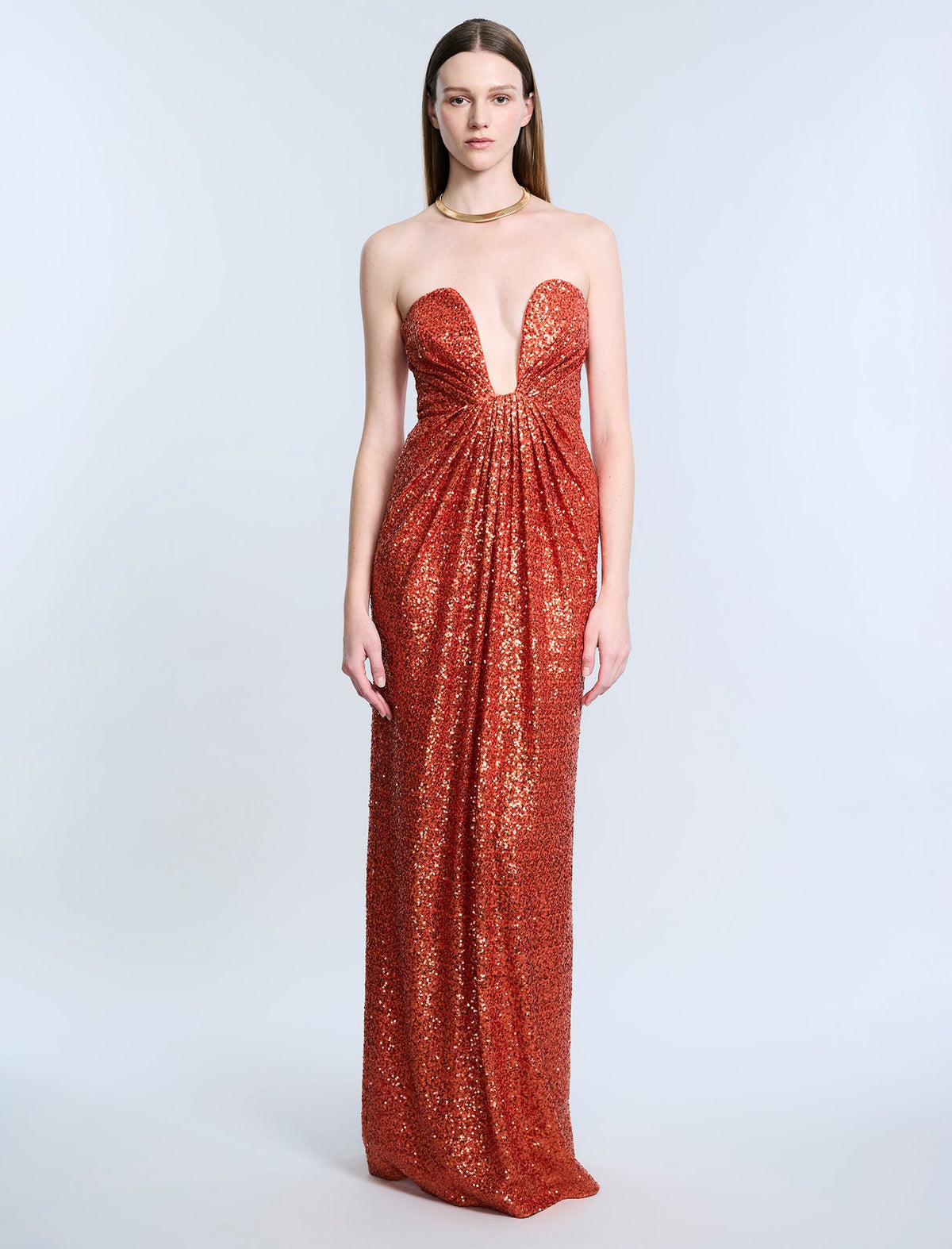 BCBGMAXAZRIA Plunging U Neckline Gown Tangerine