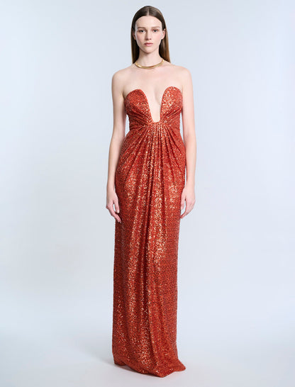 BCBGMAXAZRIA Plunging U Neckline Gown Tangerine