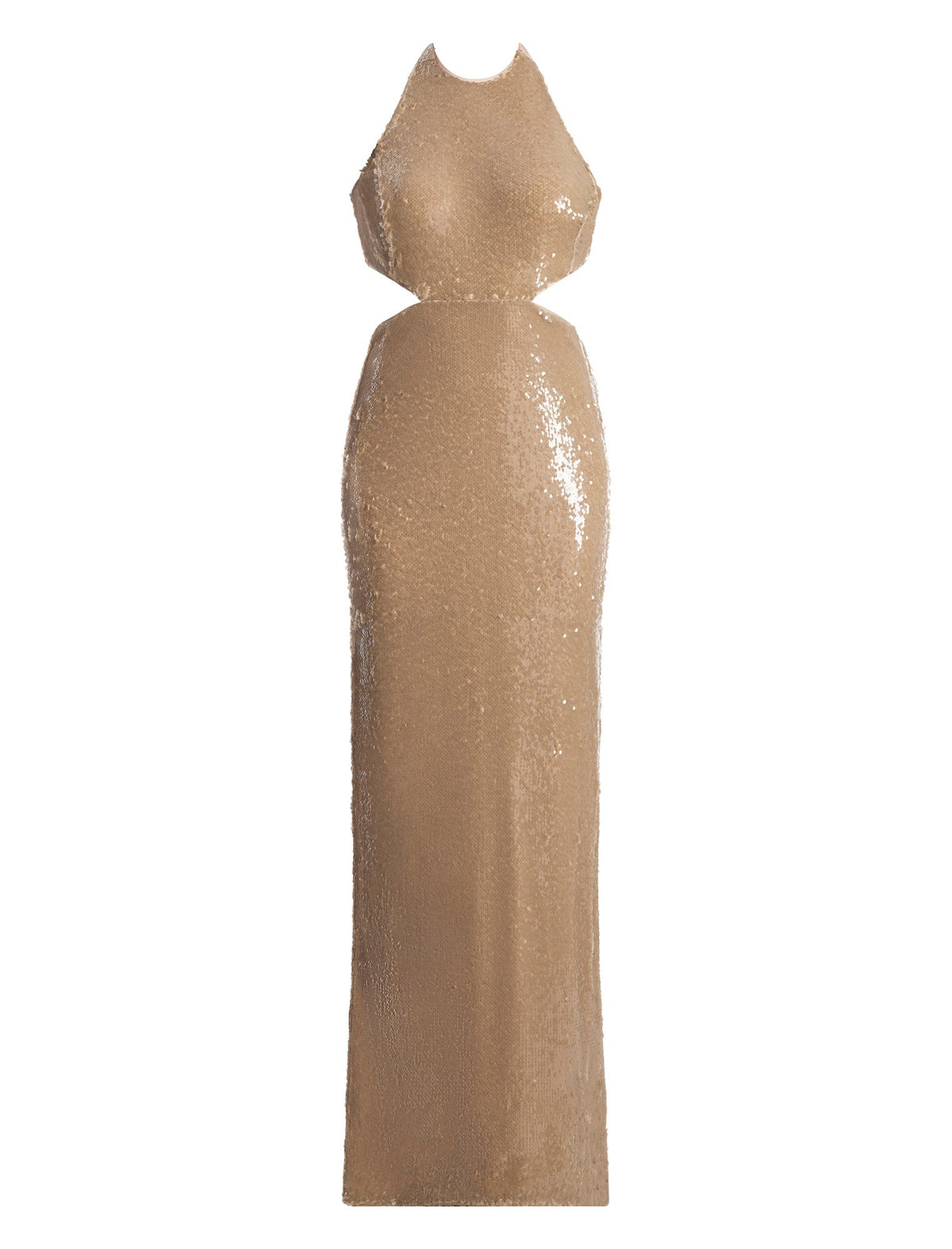 BCBGMAXAZRIA Sequin Cutout Halter Gown Almond