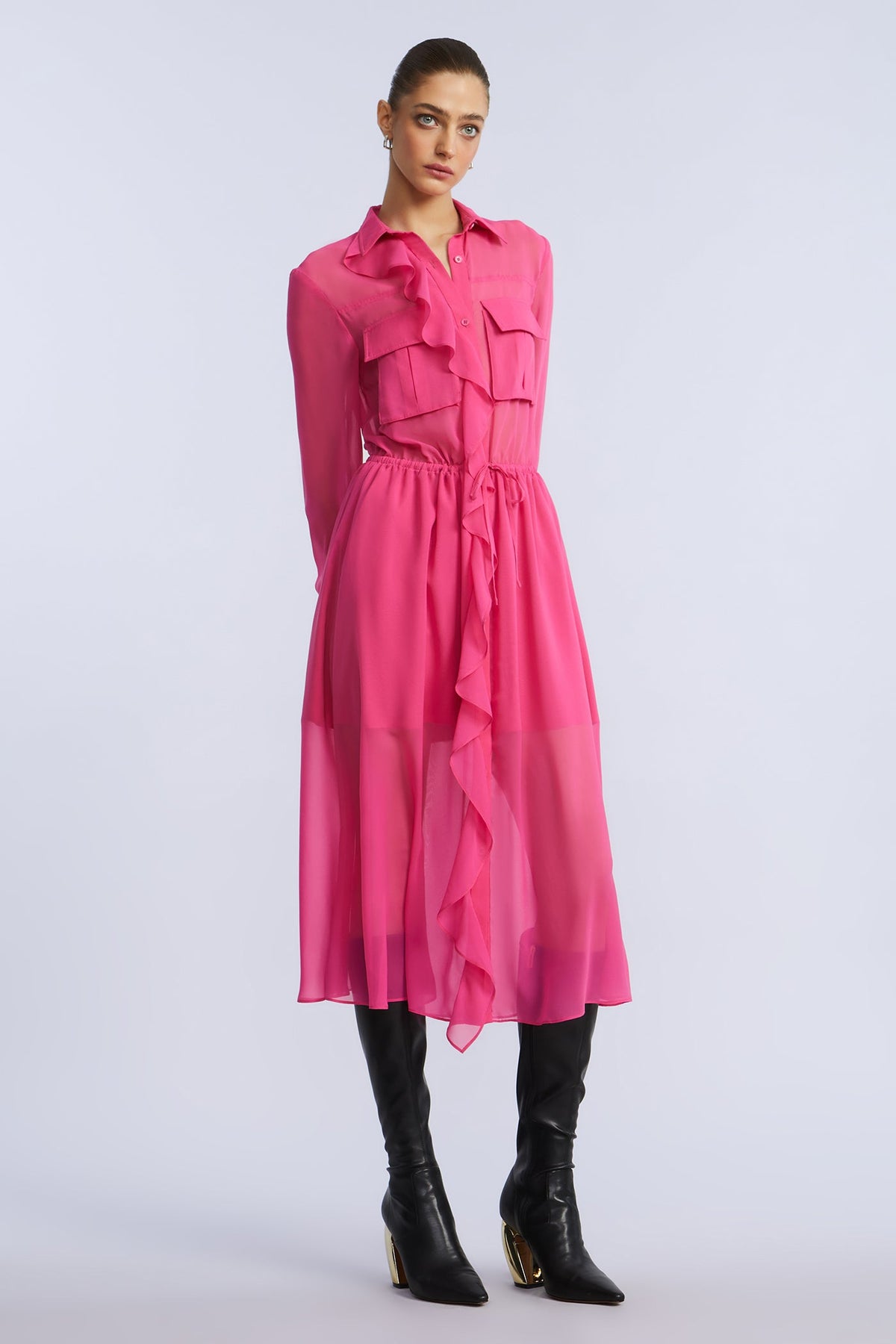 BCBGMAXAZRIA Solid Ruffle Dress Fuchsia Purple