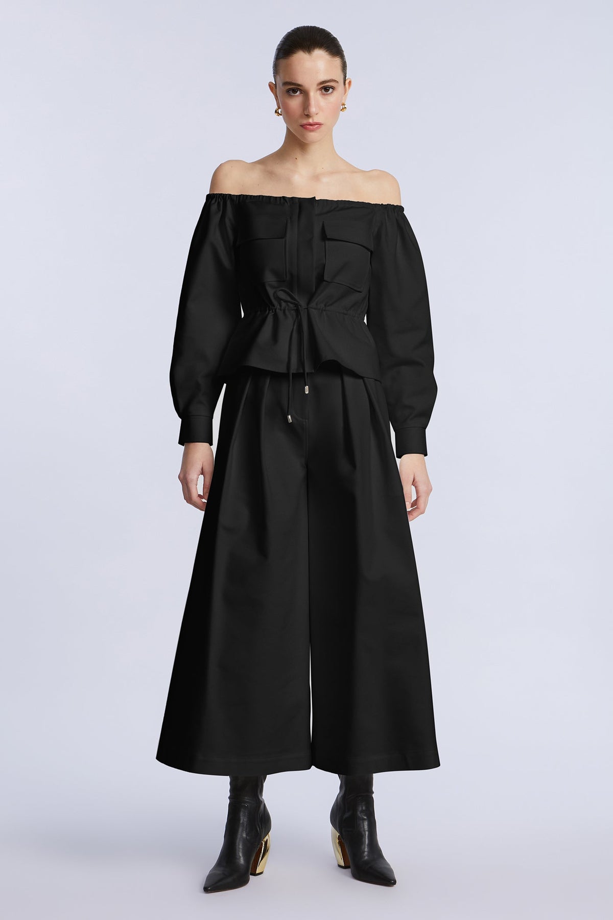 BCBGMAXAZRIA Off Shoulder Drawstring Top Black