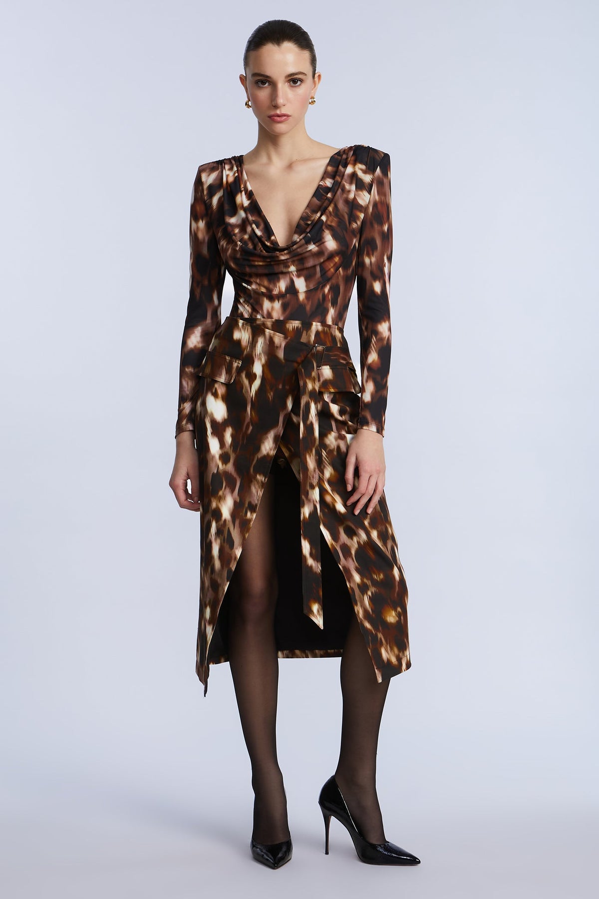BCBGMAXAZRIA Overlap Midi Skirt Leopard Desert Palm Print
