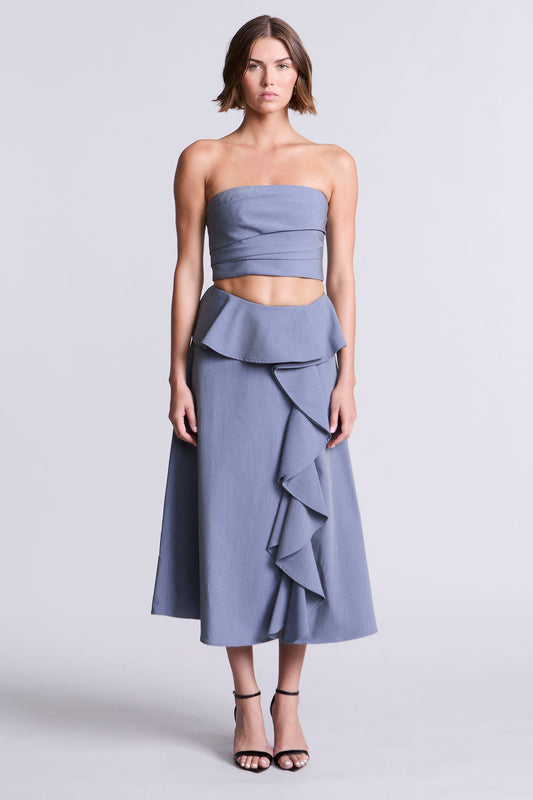 BCBGMAXAZRIA Cascade Midi Skirt Yarn Dye Denim Blue Suiting