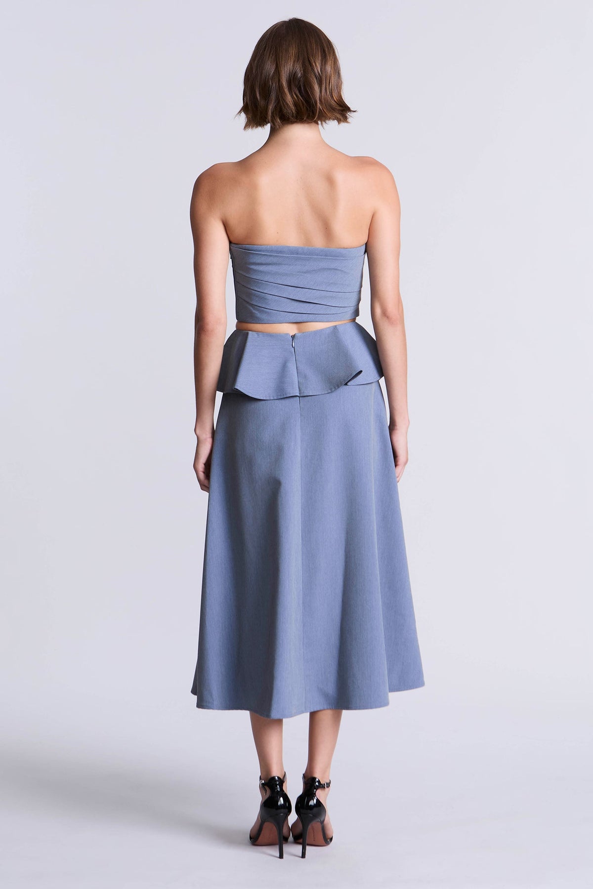 BCBGMAXAZRIA Cascade Midi Skirt Yarn Dye Denim Blue Suiting