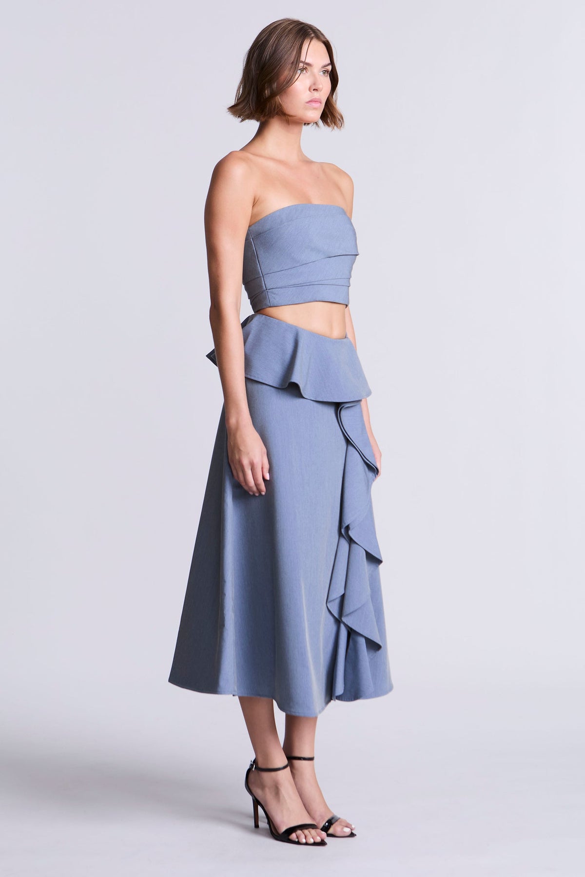 BCBGMAXAZRIA Cascade Midi Skirt Yarn Dye Denim Blue Suiting