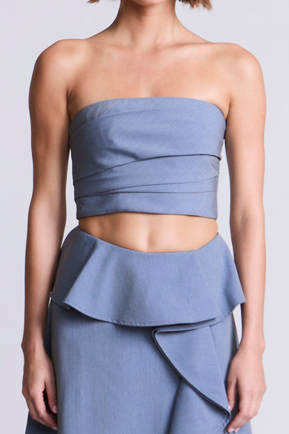 BCBGMAXAZRIA Cascade Midi Skirt Yarn Dye Denim Blue Suiting