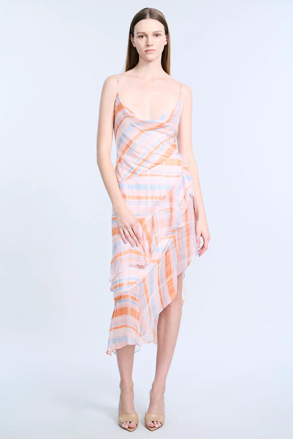 BCBGMAXAZRIA Cowl Neck Ruffle Dress Plaid Print