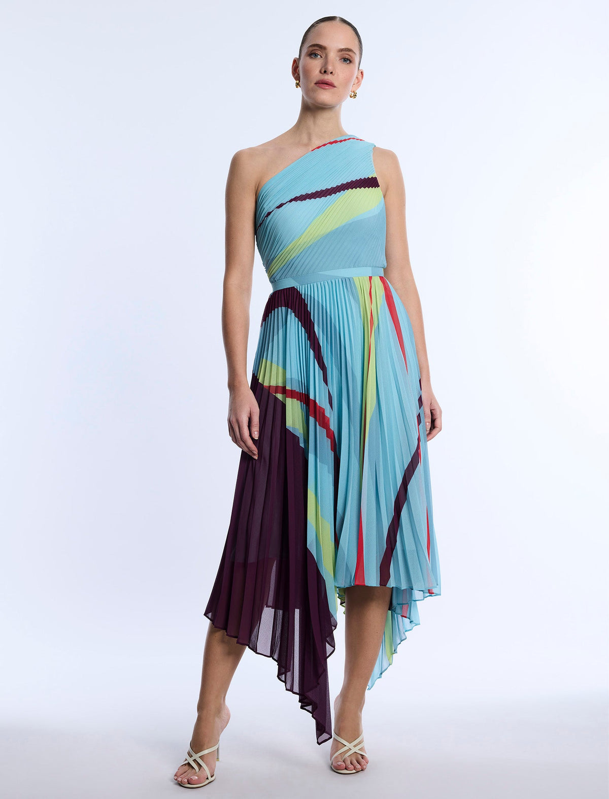 BCBGMAXAZRIA Printed Pleated Dress Seafoam Floating Ribbons