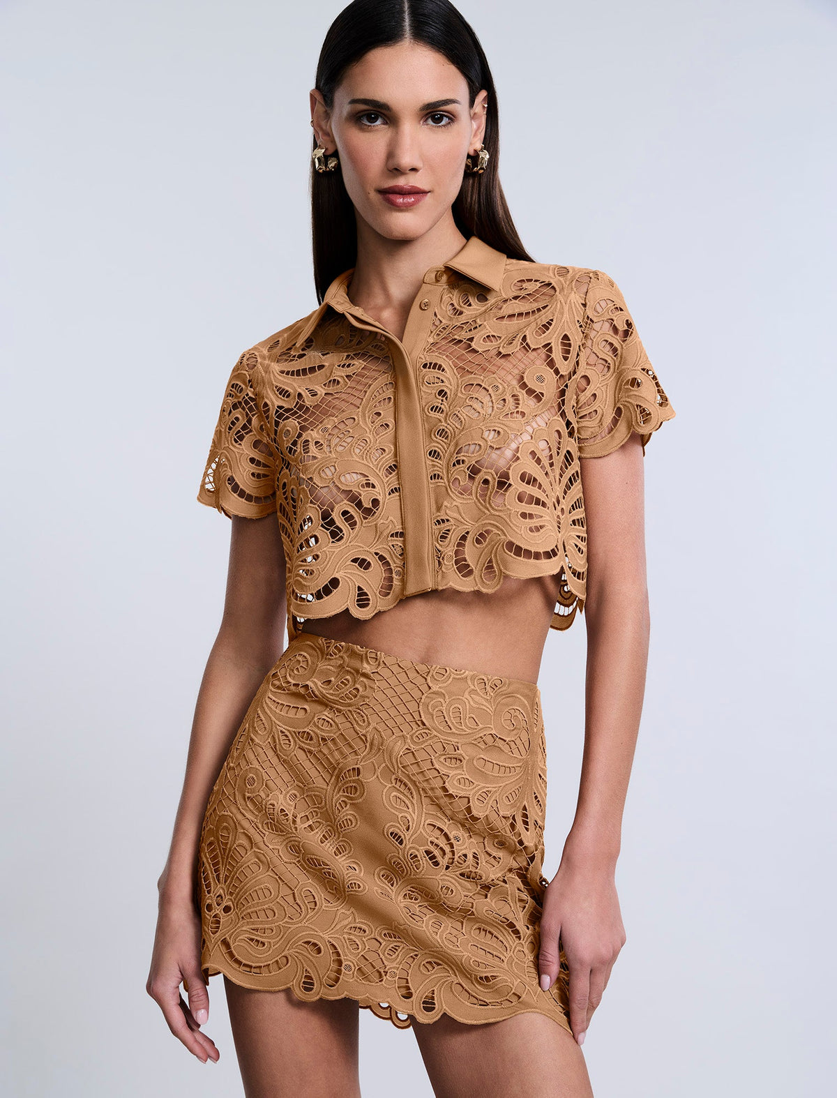 BCBGMAXAZRIA Eyelet Button Down Polo Brown Sugar