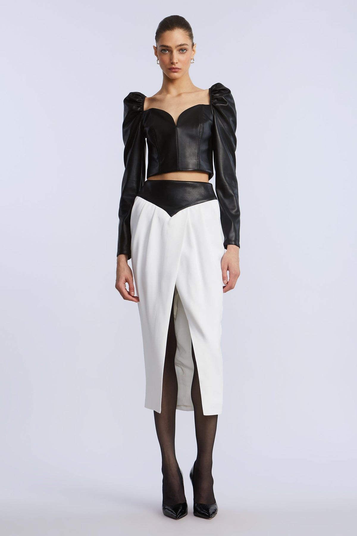 BCBGMAXAZRIA Puff Sleeve Leather Top Black