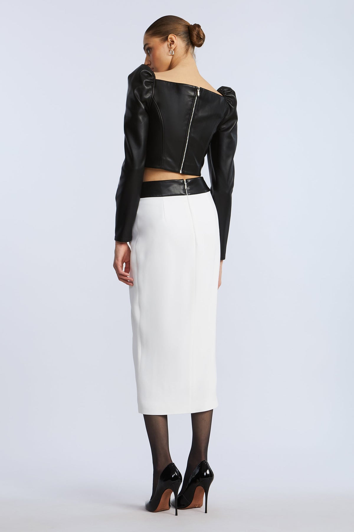 BCBGMAXAZRIA Puff Sleeve Leather Top Black